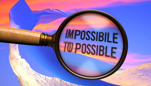 Magnifying glass enlarging text &ldquo;IMPOSSIBLE TO POSSIBLE&rdquo; against abstract colorful background of vivid blue, orange, and pink shapes, symbolizing perspective shift, overcoming challenges, and transfor