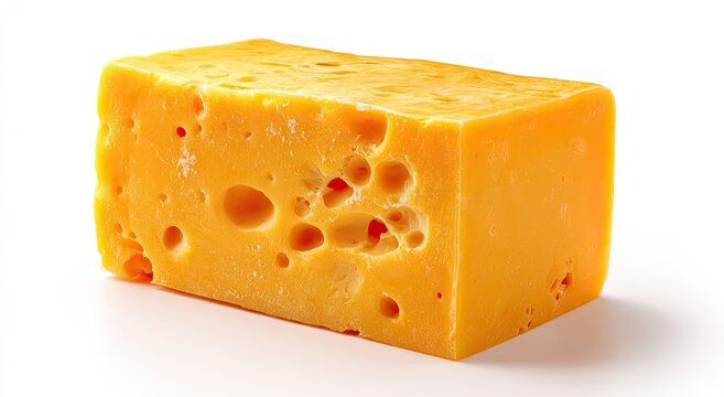 A block of golden yellow cheese with visible holes and a shadow