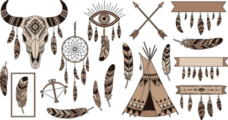 Native American Boho Elements Set Featuring Skull Feathers Dreamcatcher Teepee Arrows and Tribal Symbols in Vintage Ethnic Style for Decorative Illustration Design. © MstSuborna