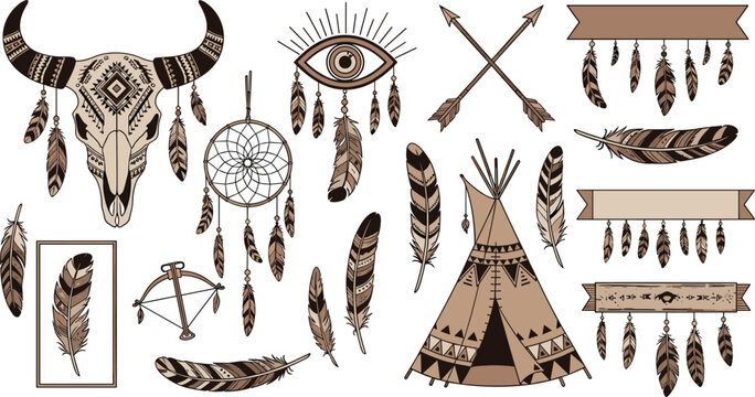 Native American Boho Elements Set Featuring Skull Feathers Dreamcatcher Teepee Arrows and Tribal Symbols in Vintage Ethnic Style for Decorative Illustration Design.