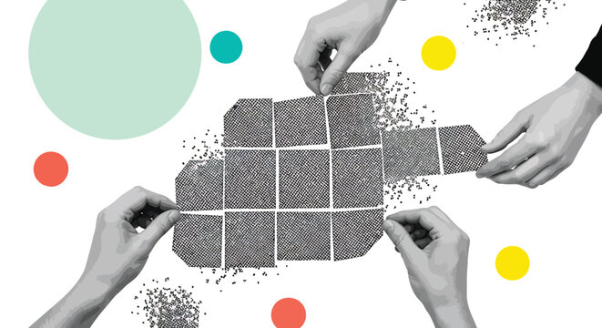 Collage hands building puzzle, teamwork concept, business strategy, problem solving