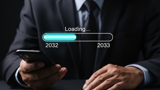 Man in suit holds smartphone with loading progress bar on screen from 2032 to 2033