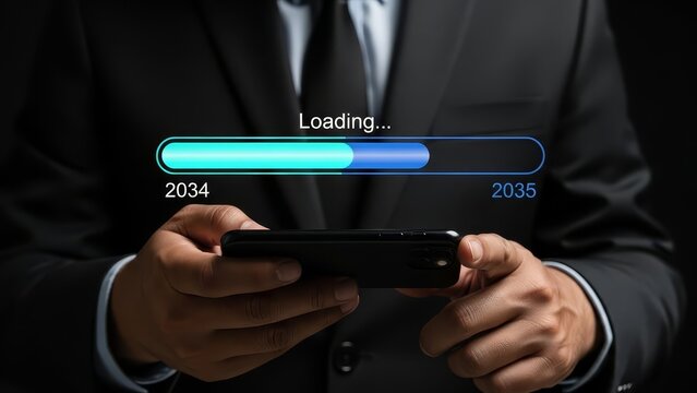 Person holds a smartphone and touches a loading bar advancing from 2034 to 2035, symbolizing the ongoing march of time.