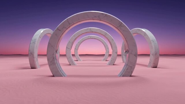 Surreal marble arches standing in vast pink desert. Expansive landscape under purple sunset sky. Abstract architectural forms in dreamy sandy terrain for environmental concept visualization