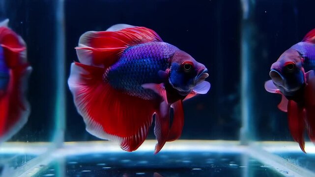 Elegant movement of vibrant siamese fighting fish displaying colorful fins in glass aquarium, beautiful betta pet swims near glass reflection, red blue vivid scales glow, exotic aquatic life theme