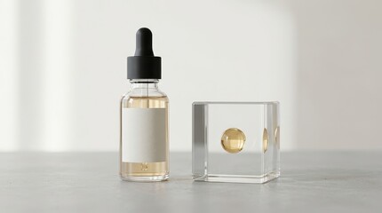 Naklejka premium Clear glass dropper bottle with liquid and clear cube