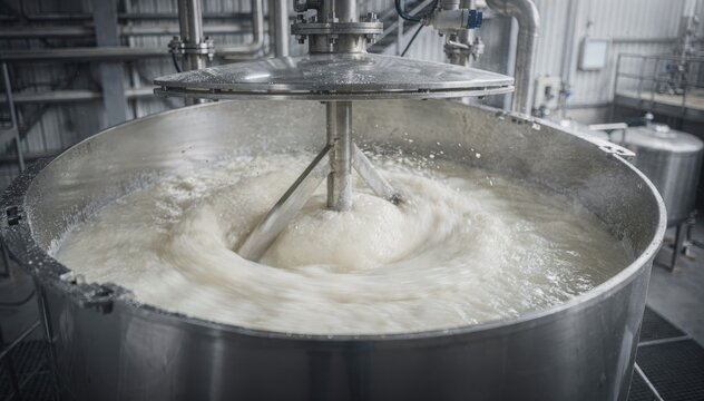 Medium shot of an open barium sulfate precipitation tank showing clear mixing of liquids with visible stirring action and particle formation in an industrial setting.