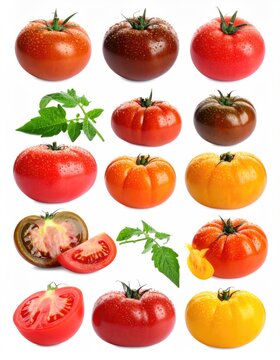 Fresh tomatoes of different colors and green leaves isolated on white, set 