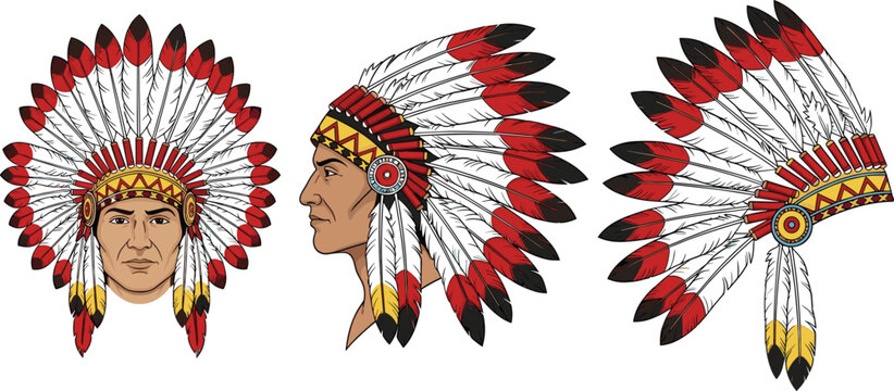 Native American Chief Headdress Illustration Set Featuring Front Side and Profile Views of Traditional Feather War Bonnet in Detailed Ethnic Tribal Style.