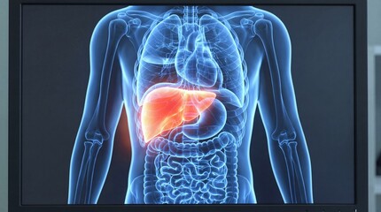 Fototapeta premium Liver highlighted on digital human anatomy scan. Medical display showing internal organ system. Biological diagnosis and healthcare technology for professional clinical examination study.