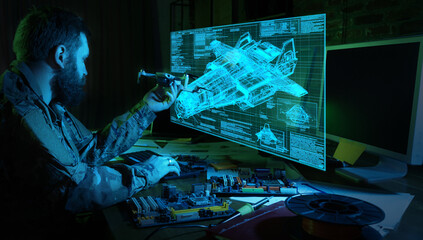 Engineer holding drone while analyzing military aircraft blueprint hologram. Concept of drone development, defense technology, aerospace engineering, prototyping and unmanned systems research. © Lustre Art Group 