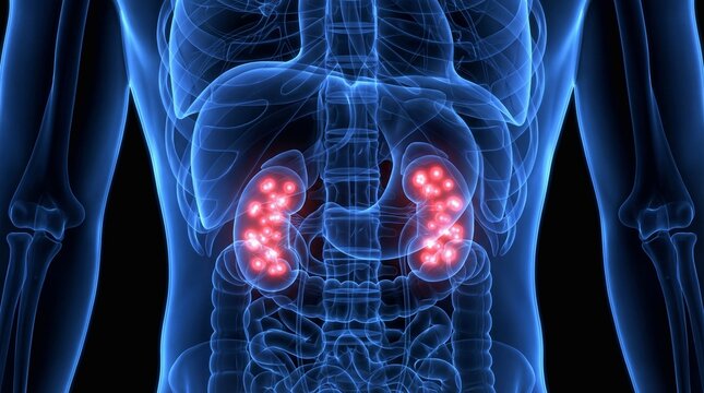 Human kidneys with red highlighted stones. Medical visualization of kidney stone disease or nephrolithiasis. Anatomy of internal organ pain and health condition for clinical diagnostic.