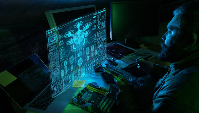 Engineer working with drone hologram interface military technology development. Concept of advanced defense systems, drone engineering, innovation, high tech research and military industry.