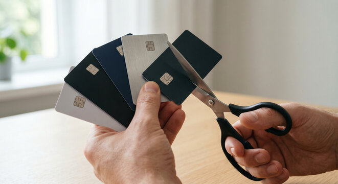 Hands cutting one of multiple credit cards with scissors for financial freedom
