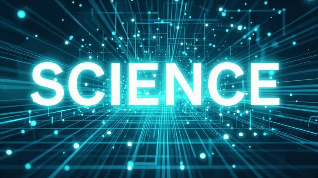 Science Word Glowing in Futuristic Digital Network Environment with Neon Blue Light Particles and Grid Lines
