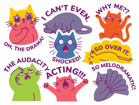 A collection of 8 playful and quirky cat sticker illustrations in a modern flat vector style. Each sticker features a vibrant color palette (pink, purple, orange, blue, yellow) and depicts a cat in a 