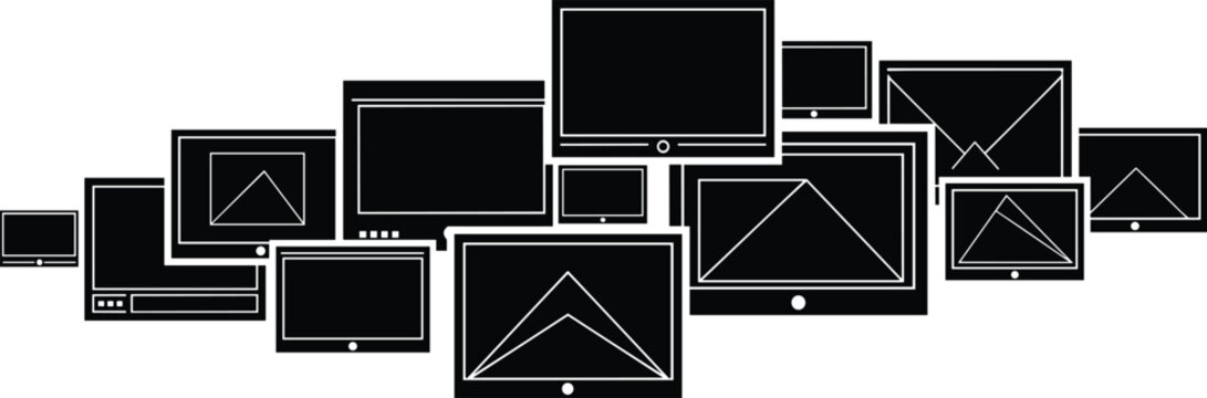 Black and white of multiple computer monitors and mobile devices with triangular loading screens smartphones