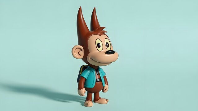 Cute cartoon monkey character with big ears and a backpack, illustrated in 3D with a playful expression