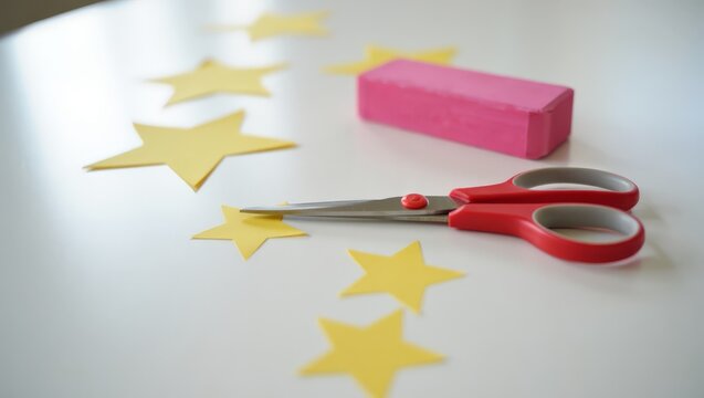 A pair of red scissors and a pink eraser on a white table with yellow star cutouts