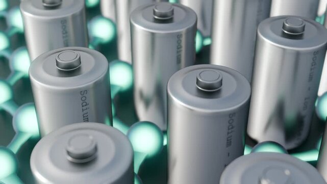 A 3d animation of camera sweeps left across a dense, stationary array of metallic sodium-ion batteries integrated within a glowing molecular nanosheet matrix.