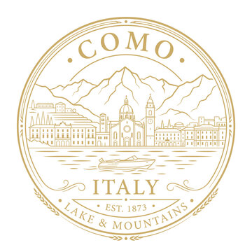 Elegant Lake Como Italy travel badge with mountains and city skyline vector illustration