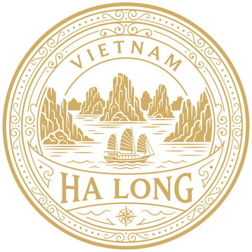 Ha Long Bay Vietnam travel emblem with junk boat and limestone islands vector illustration