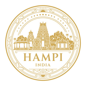 Hampi India heritage travel emblem with ancient temple landmarks and gold circular frame vector illustration