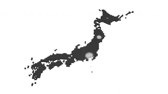 放射状に広がって色が変化していく日本の白地図（正方形グリッド）