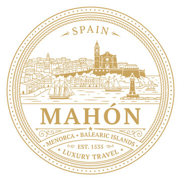 Vintage gold circular Mahon Menorca Spain travel emblem with harbor skyline vector illustration