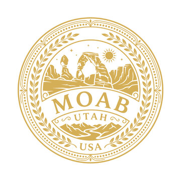 Vintage Moab Utah travel emblem with Delicate Arch and desert scenery vector illustration