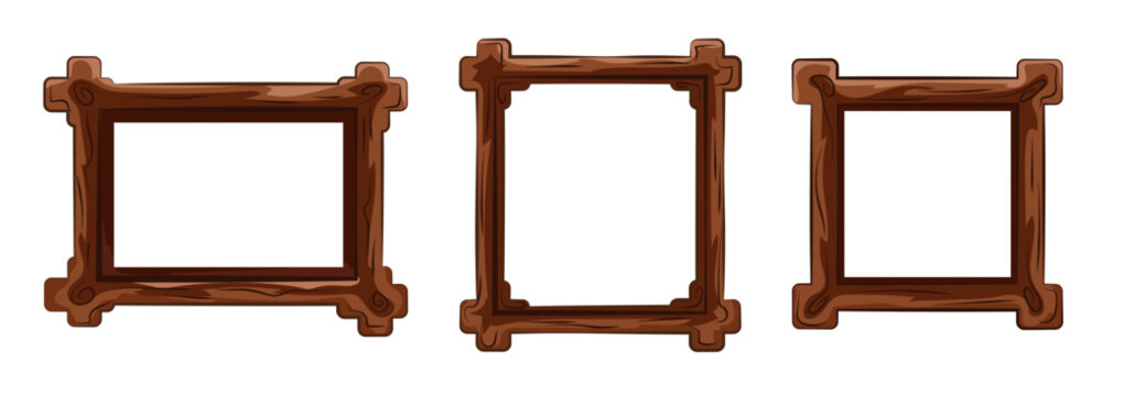 Wooden square frames cartoon style brown wood on white.