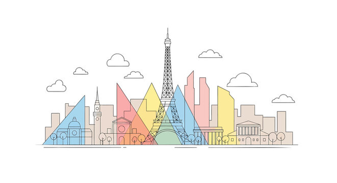 Colorful cityscape, Paris skyline, Eiffel Tower, vector illustration, modern architecture