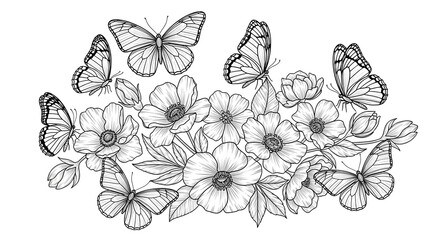 Fototapeta premium Intricate butterfly floral vector coloring page for adults kids book