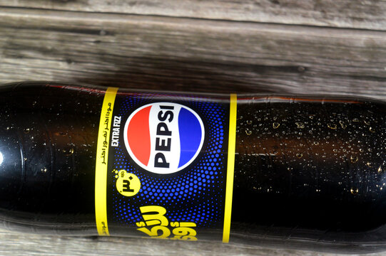 Cairo, Egypt, April 15 2026: Pepsi Extra Fizz is a version of the Pepsi soda, available in certain markets like Egypt, marketed as having more carbonation for a bolder or more intense fizz