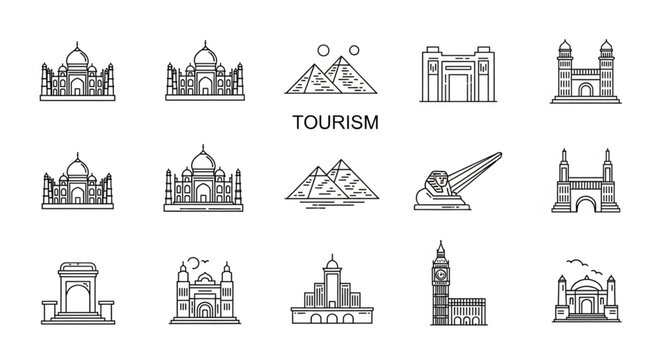 Collection of famous world landmarks and monuments in a line art style.