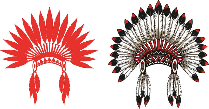 Native American Feather Headdress Set Featuring Traditional War Bonnet in Silhouette and Detailed Style for Ethnic Tribal Cultural Illustration Design.