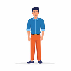Fototapeta premium Smiling Man in Blue Shirt and Orange Pants, Cartoon Style