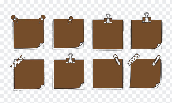 Hand Drawn Brown Sticky Notes Set with Pushpins, Clips Washi Tape - Doodle Memo Collection