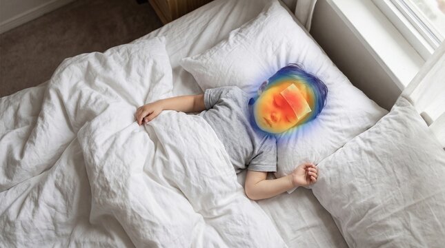 Sick child sleeping in bed with fever patch on forehead. Thermal imaging visualization showing high body temperature. Pediatric health care conceptual illustration of childhood illness.