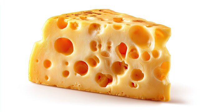 A wedge of Swiss cheese with large, irregular holes, isolated on white