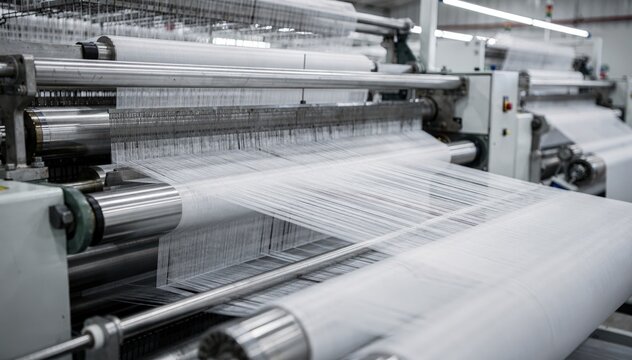 Medium shot showing highspeed machinery weaving polyester microfiber strands highlighting precision engineering in cleaning textile production.
