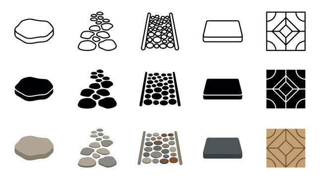 Paving stones and garden path elements are presented in various styles including outline, solid, and colored illustrations for design projects.