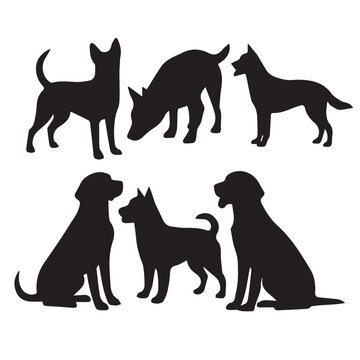Three black silhouette dogs interact while others stand or bend down