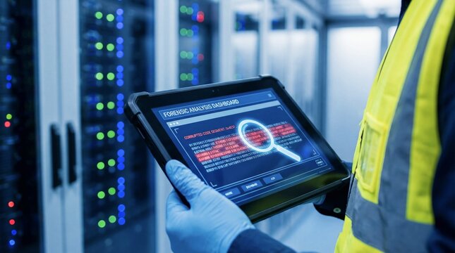 Man technician holding digital tablet with forensic data analysis dashboard in server room. Cyber security specialist checking server infrastructure. Network maintenance and digital safety concept.