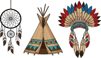 Native American Traditional Symbols Set Featuring Dreamcatcher Teepee and Feather Headdress in Detailed Ethnic Style for Cultural Heritage Illustration Design. © MstSuborna