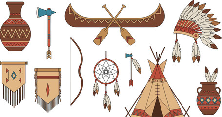 Native American Tribal Elements Collection Featuring Teepee Dreamcatcher Canoe Headdress Bow Arrow Pottery and Traditional Symbols for Cultural Heritage Illustration Design. © MstSuborna
