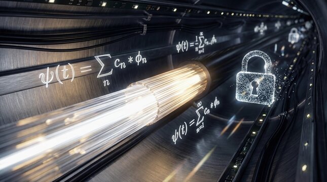 Quantum computing tunnel with mathematical wave function equations and glowing digital padlock. Advanced cybersecurity technology and data encryption concept for secure information processing.
