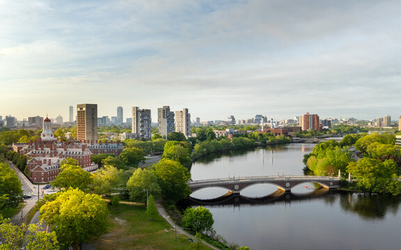 Aerial view of Harvard University campus, the Charles River, and the Weeks Bridge surrounded by lush green trees in Cambridge, Massachusetts, United States.