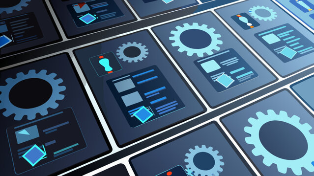 Compliance strategy workflow shown in flat design illustrating business process management with gears and charts on digital screens