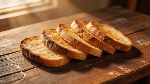 Toasted bread slices on wooden table